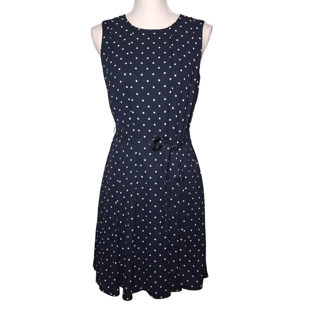 NWT Ann Taylor Factory Navy Blue Polka Dot Sleeveless Fit Flare Belted Dress 2